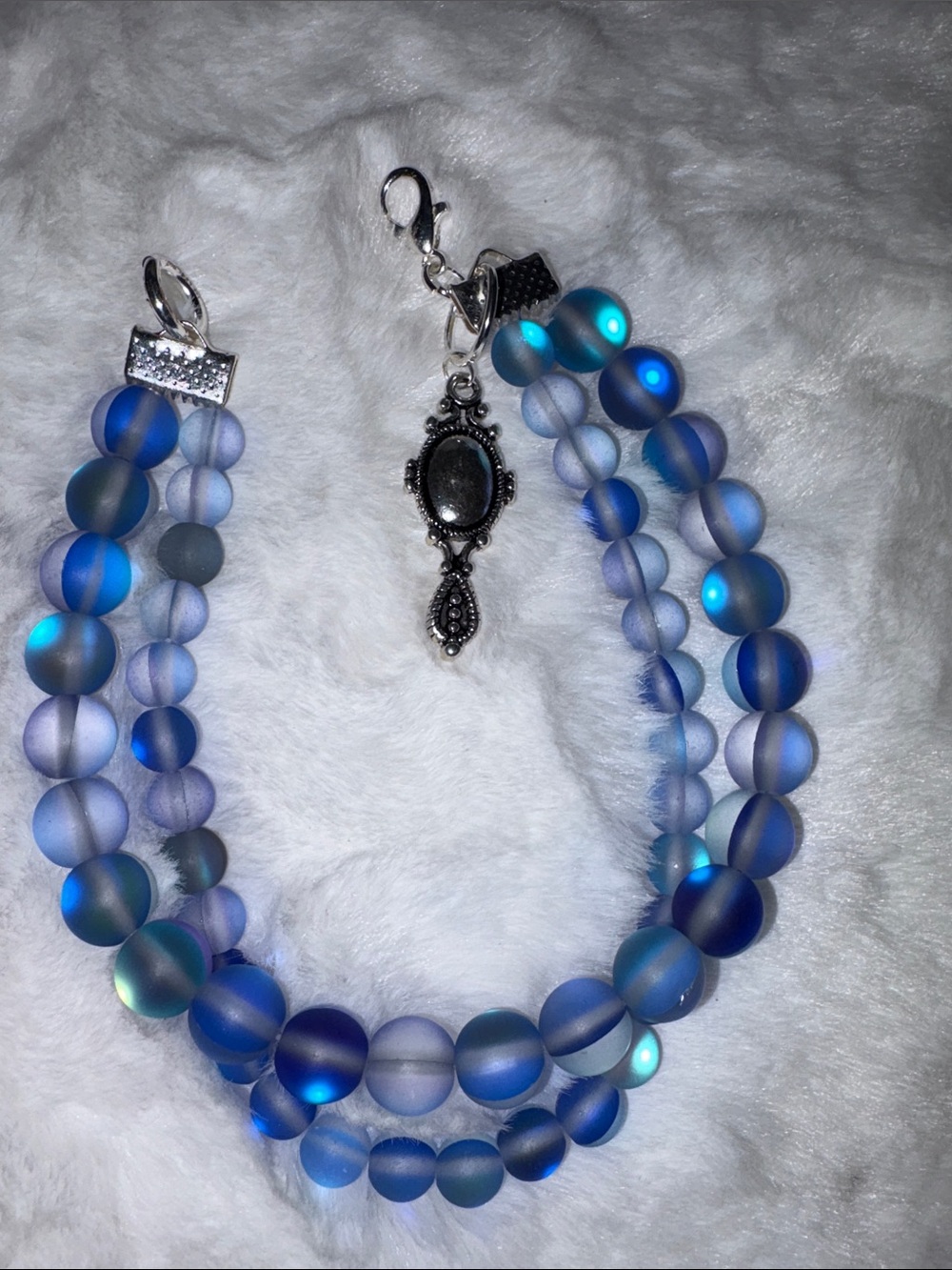 Handmade Blue Gradient  Mermaid Glass Bead Bracelet.With Silver mirror Charm